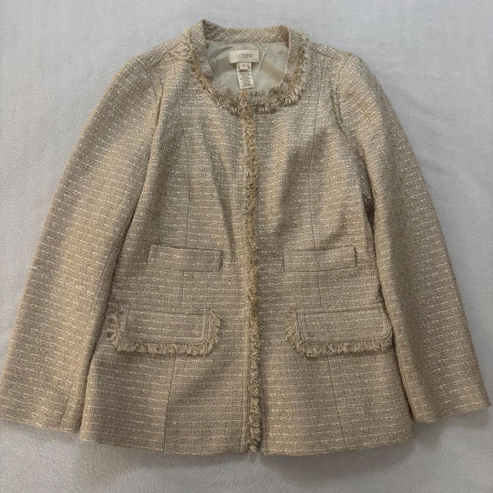 J.Crew Metallic Tweed Fringed Blazer Champagne Gold Style 61397 Size 4